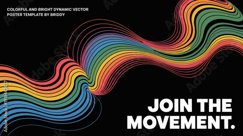 A vibrant dynamic vector graphic depicts colorful flowing lines resembling a wave with the text join the movement displayed high quality professional detailed modern elegant stylish