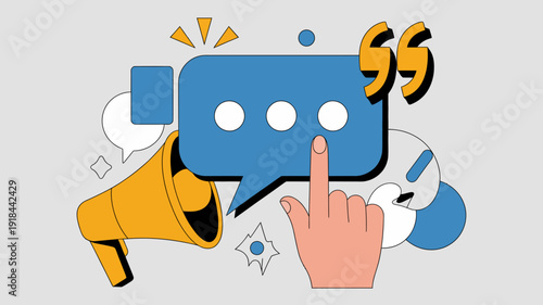 A playful illustration depicts communication elements featuring speech bubbles a megaphone a hand pointing and abstract shapes in vibrant colors high quality professional detailed modern elegant