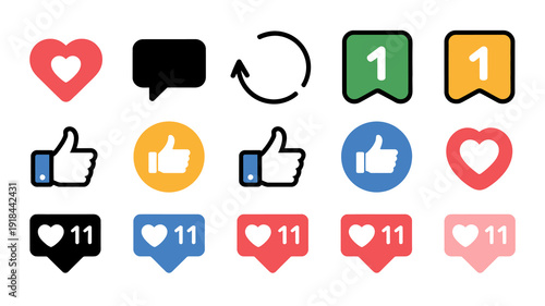A collection of colorful social media icons is displayed including hearts speech bubbles arrows numbers thumbs up and message counts high quality professional detailed modern elegant