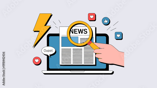 A digital illustration depicts a laptop displaying news highlighted by a magnifying glass alongside social media icons and a lightning bolt high quality professional detailed modern