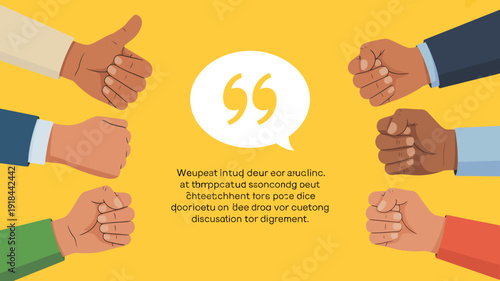 A diverse group of hands display positive gestures including thumbs up and clenched fists alongside a quotation mark symbol high quality professional detailed modern elegant stylish