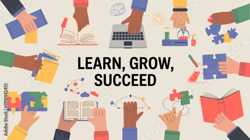 Diverse hands reach towards symbols of learning books technology and puzzles arranged around the empowering message learn grow succeed high quality professional detailed modern elegant stylish