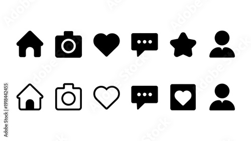A series of black minimalist icons are displayed in two rows featuring a house camera heart chat bubble star and person high quality professional detailed modern