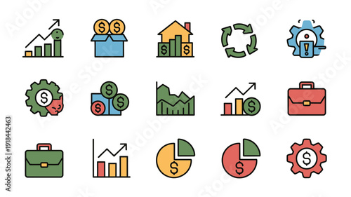 A collection of colorful flat design icons representing various business and financial concepts including growth money and analytics high quality professional detailed modern elegant stylish clean