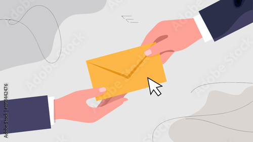 An illustration depicts two hands reaching towards each other exchanging a yellow envelope with a cursor selecting it high quality professional detailed modern elegant stylish clean