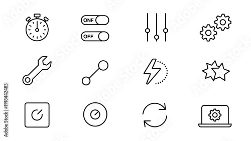 A collection of minimalist black and white line icons representing various settings tools and abstract concepts arranged in a grid format high quality professional detailed modern