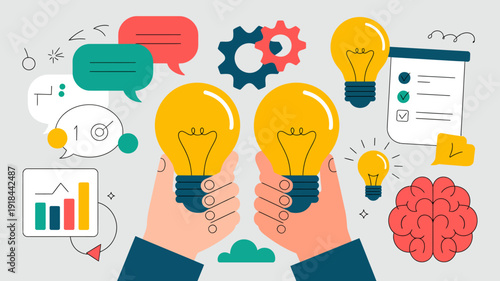 A colorful illustration depicts concepts of brainstorming innovation and problem solving with lightbulbs gears and hands high quality professional detailed modern elegant stylish clean crisp vibrant