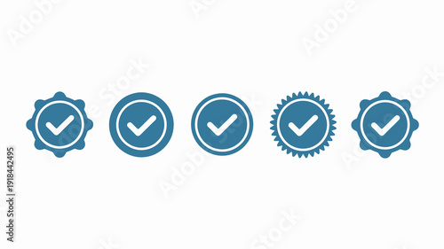 Five circular badges are displayed in a row each featuring a white checkmark centered within a blue circular frame high quality professional detailed modern elegant stylish