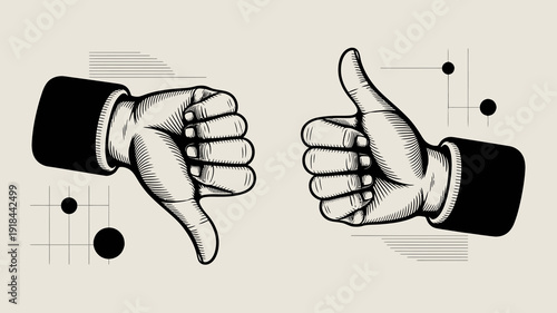 A contrasting illustration depicts two hands making opposing gestures a thumbs down on the left and a thumbs up on the right symbolizing disagreement high quality