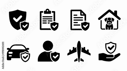 A collection of black linear icons representing security safety home travel and personal protection services are displayed high quality professional detailed modern elegant stylish clean crisp