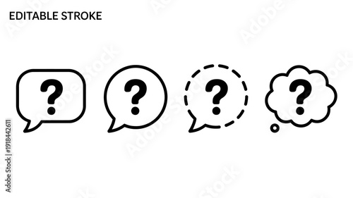 A set of four black outline question mark symbols within speech bubbles varying in style and design on a white background high quality professional detailed modern