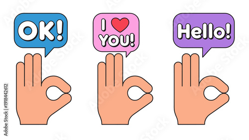 Three colorful speech bubbles display positive messages ok i love you and hello alongside hand gestures high quality professional detailed modern elegant stylish clean crisp vibrant