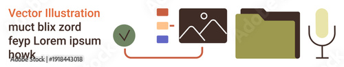 File organization, digital workflow, communication tools, data categorization, content creation, media management. Folder icon, microphone symbol picture and chart elements. File organization