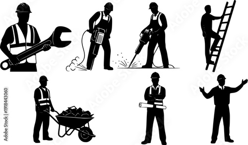 Construction workers vector silhouettes