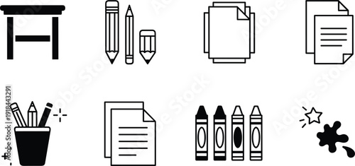 Art and stationery icons set with wooden desk, pencils, paper sheets, crayons, pen holder and ink splat on white background.