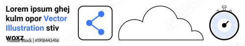 Cloud computing, time efficiency, networking, data sharing, communication, connectivity. Minimal icons of a network, cloud and stopwatch. Cloud computing and time efficiency concept