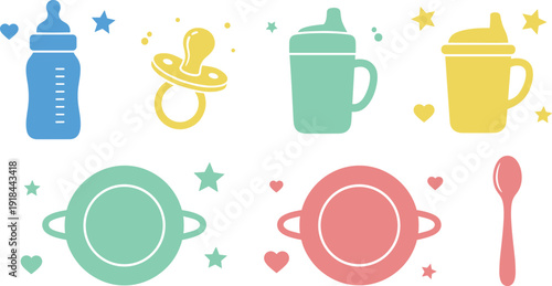 Baby feeding and care icons set with milk bottle, pacifier, sippy cups, bowls, spoon, stars and hearts on white background.