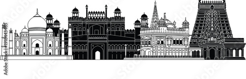 India famous landmarks skyline silhouette vector illustration featuring Taj Mahal, Red Fort, and ancient temples for travel tourism.