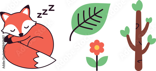 Cute sleeping fox and forest elements set with little fox napping, green leaf, flower and tree branch on white background.