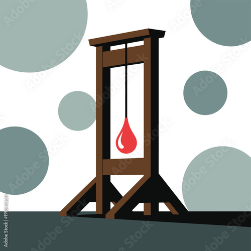 Guillotine blade hangs above a single large red drop of liquid.