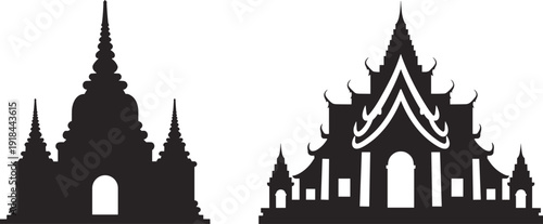 Traditional Thai temple and pagoda silhouette set for Thailand travel, religious landmarks, cultural heritage, and Buddhist architectural design.