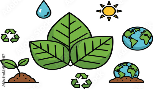 Ecology and environmental conservation icons set with green leaves, recycle symbols, planet earth and sun on white background.