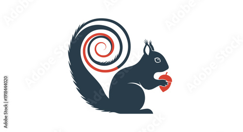 Stylized Squirrel Holding a Red Acorn, Forest Animal Graphic isolated white background