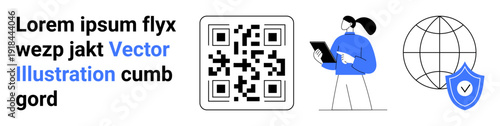 Data access, global communication, digital security, authentication, business tools, encryption. QR code, person holding tablet globe shield symbol. Authentication and digital security