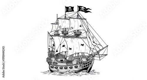 Vintage Pirate Ship Sailing on Waves, Black and White Illustration