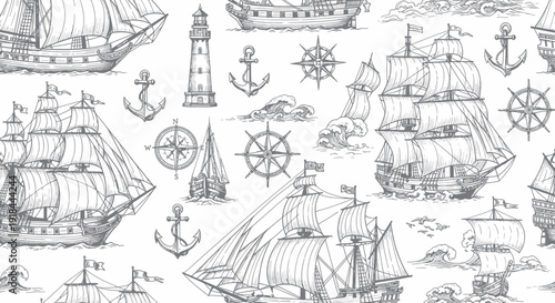 Vintage Nautical Seamless Pattern: Ships, Anchors, Lighthouses, Compasses