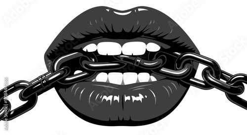 Woman's lips chained shut, representing silence, censorship, and suppressed speech.