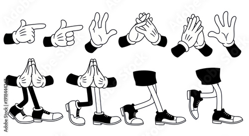 Cartoon Hands and Feet Poses Collection, Vintage Animation Style