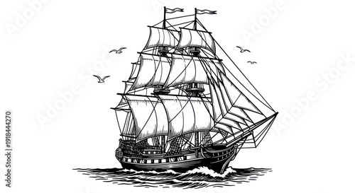 Vintage Sailing Ship Illustration with Seagulls on White Background