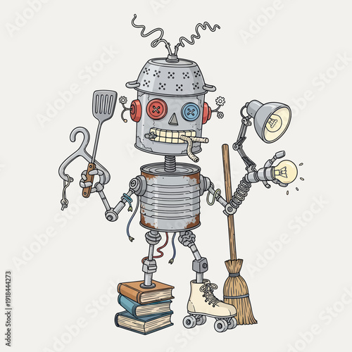 Whimsical Robot Character with Household Items and Books