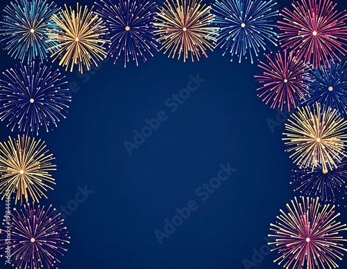 Vivid fireworks border a deep blue background, forming an arc and frame