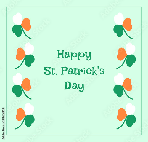 St. Patrick's Day card with a frame of clover leaves in the colors of the Irish flag
