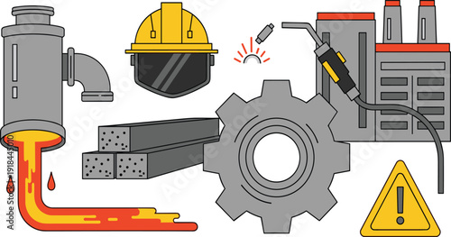 Heavy industry and steel production set with molten metal, factory building, gear, safety helmet and warning icons.