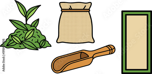 Herbal tea and matcha set with green tea leaves, burlap sack of powder, wooden scoop and product box on white background.