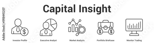 Capital Insight web banner icon set vector illustration concept for business with icon of Investor Profile, Executive Analyst, Market Analysis, Portfolio Briefca.