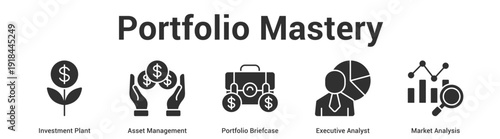 Portfolio Mastery web banner icon set vector illustration concept for business with icon of Investment Plant, Asset Management, Portfolio Briefcase, Executive Analy.