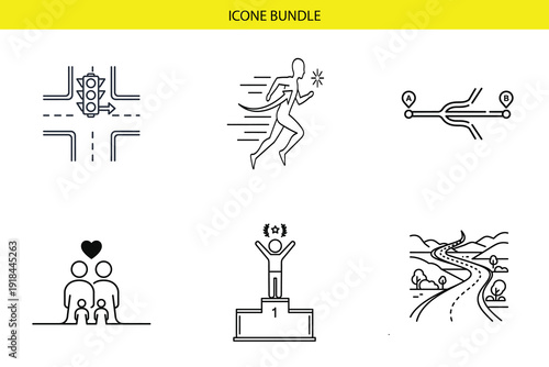 Icon set in a minimalist line art style depicts diverse concepts including traffic management, athletic achievement, decision making, romantic relationships, ultimate victory, and scenic travel.