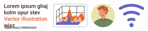Data analysis, connectivity, user interface, technology, remote communication, internet services. Functional graph, person avatar and wireless signal icon. Data analysis and connectivity concept