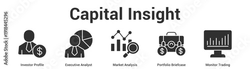 Capital Insight web banner icon set vector illustration concept for business with icon of Investor Profile, Executive Analyst, Market Analysis, Portfolio Briefca.