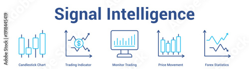 Signal Intelligence web banner icon set vector illustration concept for business with icon of Candlestick Chart, Trading Indicator, Monitor Trading, Price Moveme.