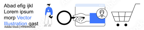 E-commerce, identity verification, online security, shopping cart, usability, digital marketplace. Minimal illustration of a magnifying glass, profile shopping cart. E-commerce and identity