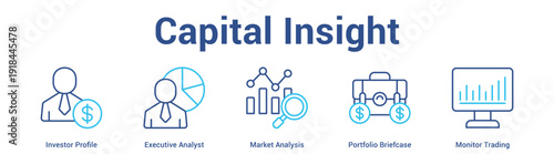 Capital Insight web banner icon set vector illustration concept for business with icon of Investor Profile, Executive Analyst, Market Analysis, Portfolio Briefca.