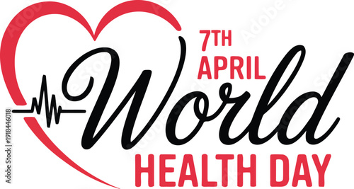 Red heart outline with an ECG line emphasizes World Health Day on April 7th using stylish typography