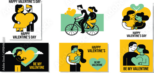 Couple embracing and cycling, surrounded by hearts and flowers on Valentine's Day greeting cards from different viewpoints.