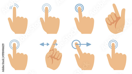 This image displays various hand gestures used for touch screen interaction including tapping swiping and circular motions high quality professional detailed modern elegant stylish clean crisp