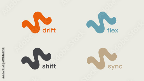 Four abstract flowing shapes are displayed in different colors each paired with a corresponding text label drift flex shift and sync high quality professional detailed modern